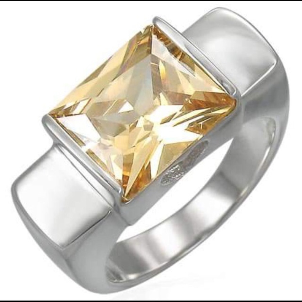 STAINLESS STEEL BEZEL SQUARE TOPAZ COCKTAIL RING